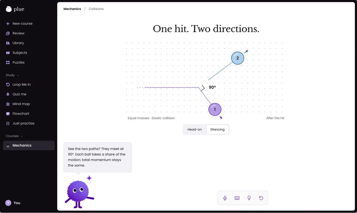 plue’s tutor workspace with the app sidebar, a collision on the shared board, and the mascot beside its explanation.